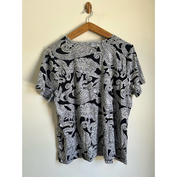 Croft & Barrow Black White Scoop Neck Paisley Cotton Short Sleeve Blouse 1X - Picture 4 of 5